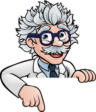 Scientist Cartoon Character Pointing Down