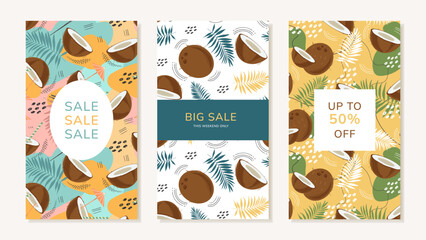 Fototapeta na wymiar Bright, juicy summer social media templates with coconuts and palm leaves. Vector editable illustration