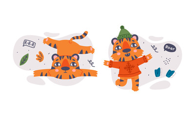 Cute funny baby tigers characters set. Happy New Year concept cartoon vector illustration