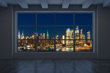 Midtown New York City Manhattan Skyline Buildings from High Rise Window. Beautiful Expensive Real Estate. Empty room Interior Skyscrapers View Cityscape. Night. Hudson Yards West Side. 3d rendering