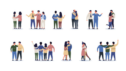 Friends hugging behind. Young persons friendship and coworkers collaboration concept, teamwork friends and coworker friendly hug. Vector isolated set - obrazy, fototapety, plakaty