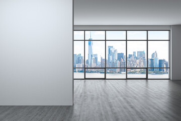 Downtown New York Lower Manhattan City Skyline Buildings from High Rise Window. Expensive Real Estate. Empty wall mockup room Interior Skyscrapers View Cityscape. Financial district. Day. 3d rendering