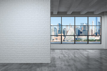 Midtown New York City Manhattan Skyline Buildings from High Rise Window. Expensive Real Estate. Empty room Interior with Mockup wall. Skyscrapers View Cityscape. Day time. west side. 3d rendering.