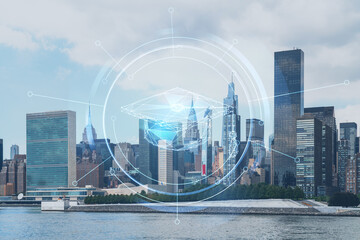 New York City skyline, United Nation headquarters over the East River, Manhattan, Midtown at day time, NYC, USA. Technologies and education concept. Academic research, top ranking university, hologram