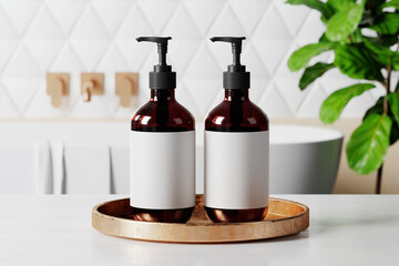 Two glass bottles for body care mockup. 3D rendering