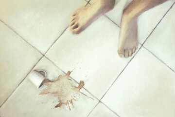 Illustration of Coffee spilled on the white floor, bad morning start concept