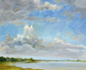 Painting oil on paperboard "Clouds illuminated by the sun over the lake, after thunderstorm" . Sketch