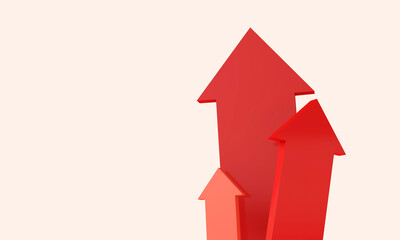 Red growth arrows pointing up. Cost of living and inflation concept. 3D Rendering