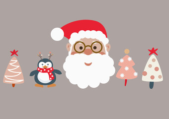 Santa Claus and penguin funny faces set. Christmas cartoon characters and trees. Cute Santa head.