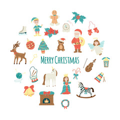 Christmas set. Flat vector illustration. Santa, deer, zebra, fireplace, bear, elf, unicorn, angel, wreath.