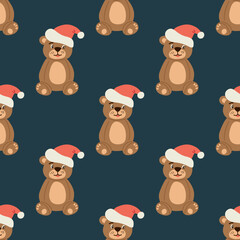 Fototapeta premium Seamless pattern with a bear in a Santa hat on a dark green background. Flat vector illustration