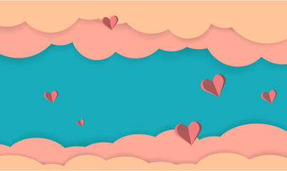 poster or banner Landscape with paper cut clouds and hearts fluttering in the blue sky. art craft paper cut place for text Sale Ideas gift voucher printing template