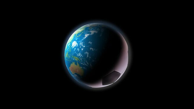 Planet Earth morphing into a soccer ball  while spinning. Seamless loop