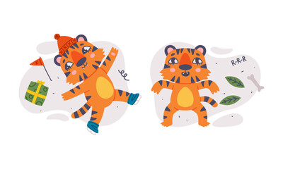 Cute funny baby tigers set. Striped jungle wildcat characters celebrating New Year holiday cartoon vector illustration