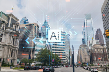 Fototapeta na wymiar Day time cityscape of Philadelphia financial downtown, Pennsylvania, USA. City Hall neighborhood. Hologram Artificial Intelligence concept. AI and business, machine learning, neural network, robotics