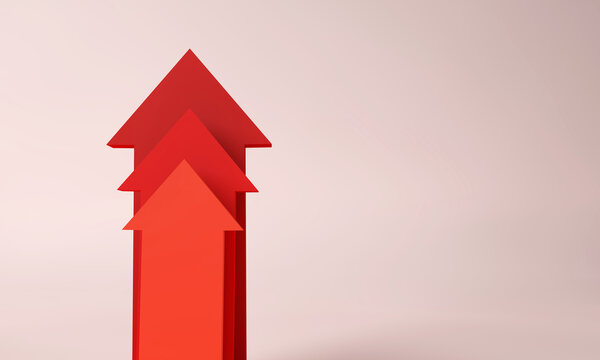 Red growth arrows pointing up. Cost of living and inflation concept. 3D Rendering