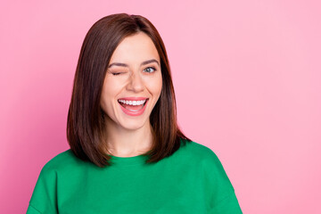 Closeup photo of young attractive lady flirty blink lovely looking you laugh isolated on pink color background