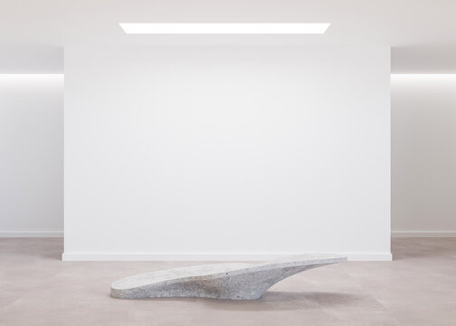 Empty white wall in modern art gallery. Mock up interior in minimalist style. Free, copy space for your artwork, picture, text, or another design. Empty exhibition space. 3D rendering.