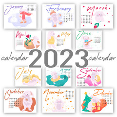 Fototapeta na wymiar Horizontal Calendar with illustrations of rabbits for each month of the year, calendar for 2023, monthly calendar with cute drawings of a character doing different actions