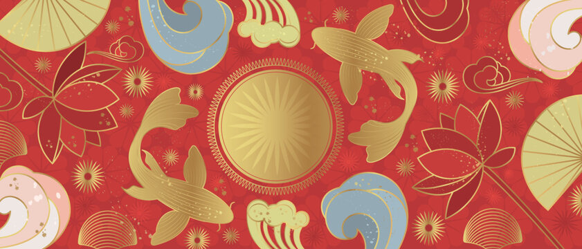 Vector banner with traditional Chinese elements and ornament. Koi carp in gold color on a red background with  flowers. Chinese background.
