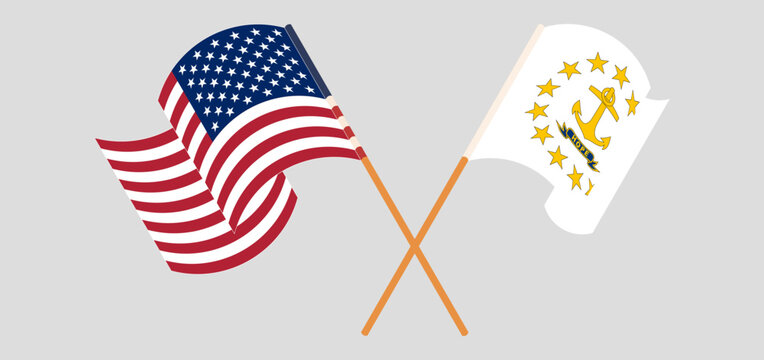 Crossed and waving flags of the USA and the State of Rhode Island