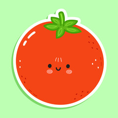 Cute funny tomato sticker character. Vector hand drawn cartoon kawaii character illustration icon. Isolated on green background. Tomato character concept