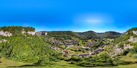 Aerial view above the french village of Baume-les-Messieurs in the Jura, Bourgogne-Franche-Comté....