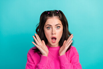 Closeup photo of young attractive lady hands up speechless surprised sale low prices shopping isolated on aquamarine color background
