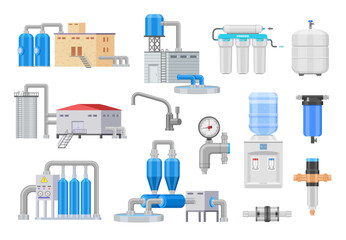 Filtered water. Home aqua purification equipment with filters, container for clean water and valve, industry water filtration and household kitchen device. Vector set