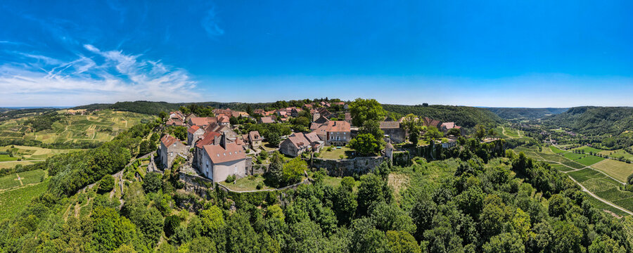 Aerial view of the beautiful vineyards surrounding the French Village of Chateau Chalon in the Jura