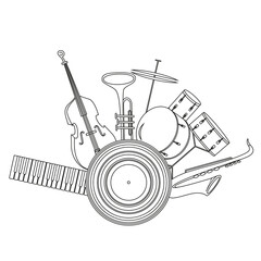 Music instruments. Black and white vector illustration concept.  White background.
