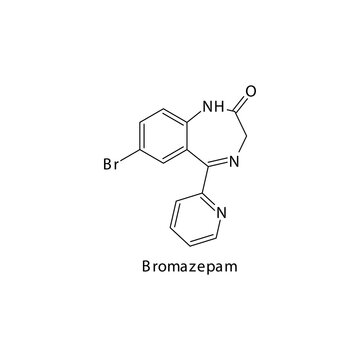 Bromazepam molecule flat skeletal structure, Benzodiazepine class drug used as Anxiolytic. Vector illustration on white background.