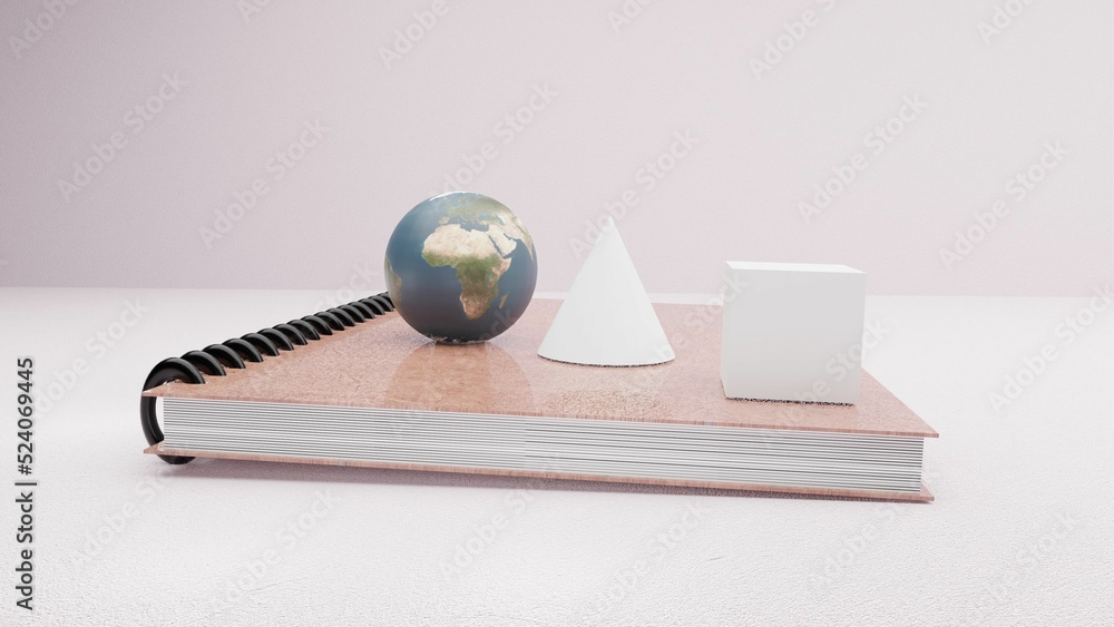 Aufkleber closeup of a brown notebook with a paper cone, cube and a little globe on it with a white background