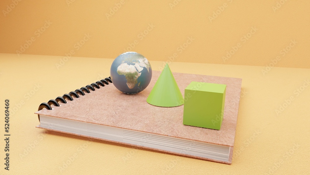 Poster closeup of a brown notebook with paper cone, cube and a little globe on it with a yellow background