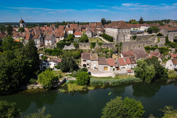 Fototapeta na wymiar Aerial view above the beautiful village of Pesmes, one of the plus beaux villages de France