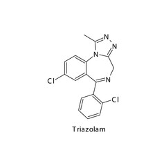 Triazolam molecule flat skeletal structure, Benzodiazepine class drug used as Sedative, hypnotic agent. Vector illustration on white background.