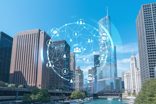 Panorama cityscape of Chicago downtown and Riverwalk, boardwalk with bridges at day time, Illinois, USA. Social media hologram. Concept of networking and establishing new people connections