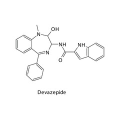 Devazepide molecule flat skeletal structure, Benzodiazepine class drug used as research agent. Vector illustration on white background.