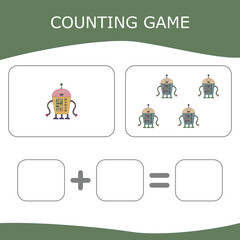 How many counting game with robots. Worksheet for preschool kids, kids activity sheet, printable worksheet