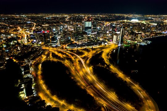 Aerial Shot Of Perth City In Western Australia At Night