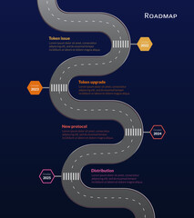 Roadmap with winding road and stop signs on stages on dark blue background. Vertical infographic timeline template for presentation. Vector.