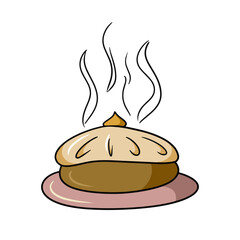 Delicious hot autumn pie with fruit filling, vector cartoon