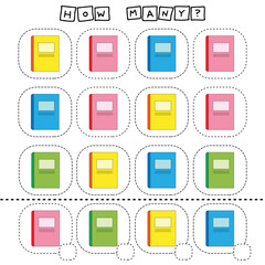 How many counting game with notebook. Worksheet for preschool kids, kids activity sheet, printable worksheet
