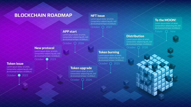 Isometric roadmap with many steps for blockchain or cryptocurrency project with big and small cubes on purple blue background. Infographic timeline template for presentation. Vector.