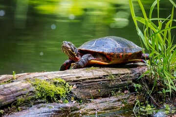 Closeup of a beautiful red eared Pond slider resting on a wooden surface near the lake