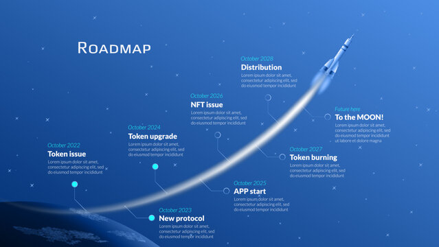 Roadmap with planet Earth and space rocket with long trail on blue background. Timeline infographic template for business presentation. Vector.
