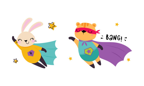 Superhero baby animals in capes and masks set. Cute little rabbit and tiger dressed as superheroes cartoon vector illustration