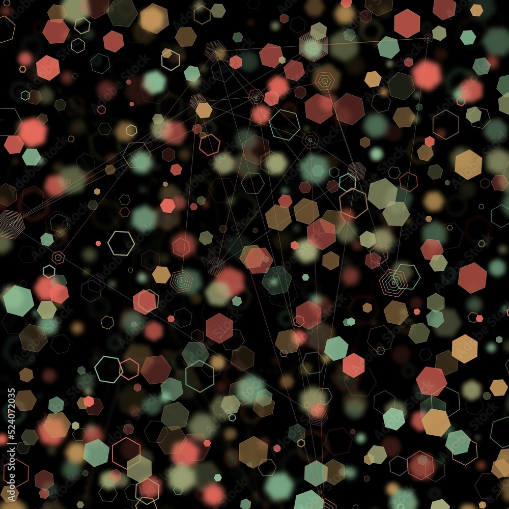 Poster illustration of an abstract light dots and blurred hexagon backdrop like bokeh spot hex shapes