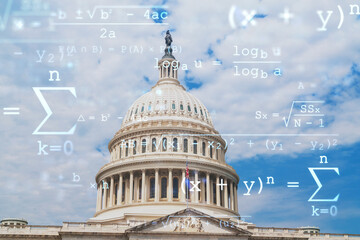 Fototapeta na wymiar Capitol dome building exterior, Washington DC, USA. Home of Congress, Capitol Hill. American political system. Technologies and education concept. Academic research, top ranking university, hologram