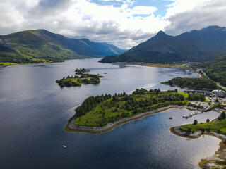 Aerial panoramic view of Loch Leven and Glencoe with Ben Nevis mountain 